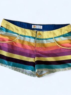 Matix Women's Rainbow Stripe Athletic Shorts in Yellow, Teal & Purple